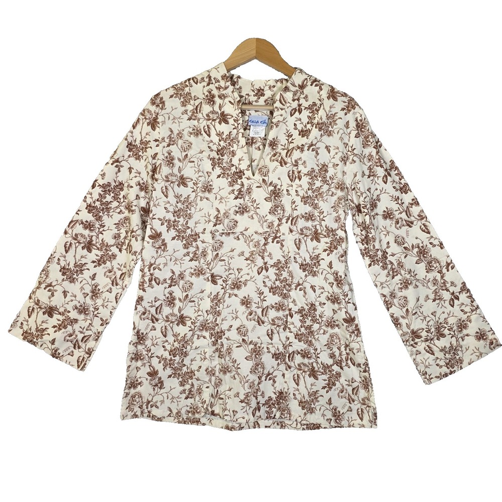 Vtg 90s Kellys Kids Brown Toile de Jouy Blouse Bell Sleeve Tunic Top‎ Adult S M